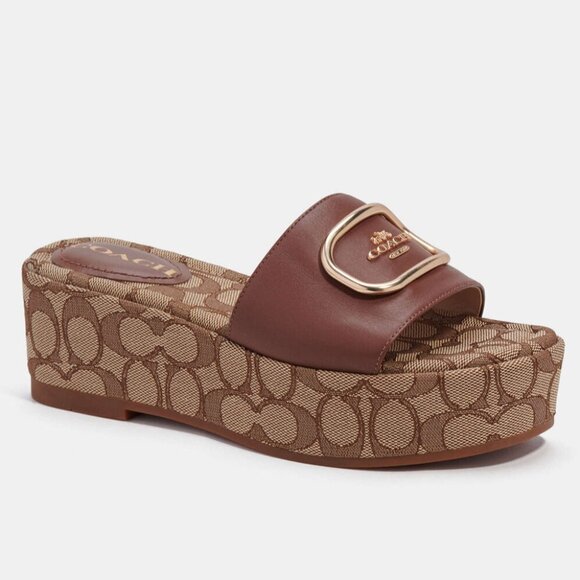 Coach Eloise Signature Chambray Platform  Sandal Women's Saddle/Khaki Leather - Picture 1 of 5